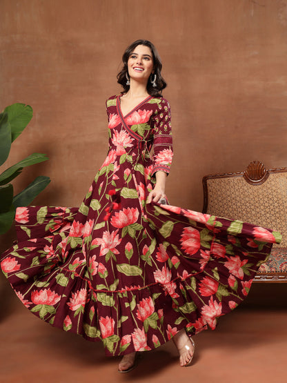 Flared Printed Cotton V-Neck Dress