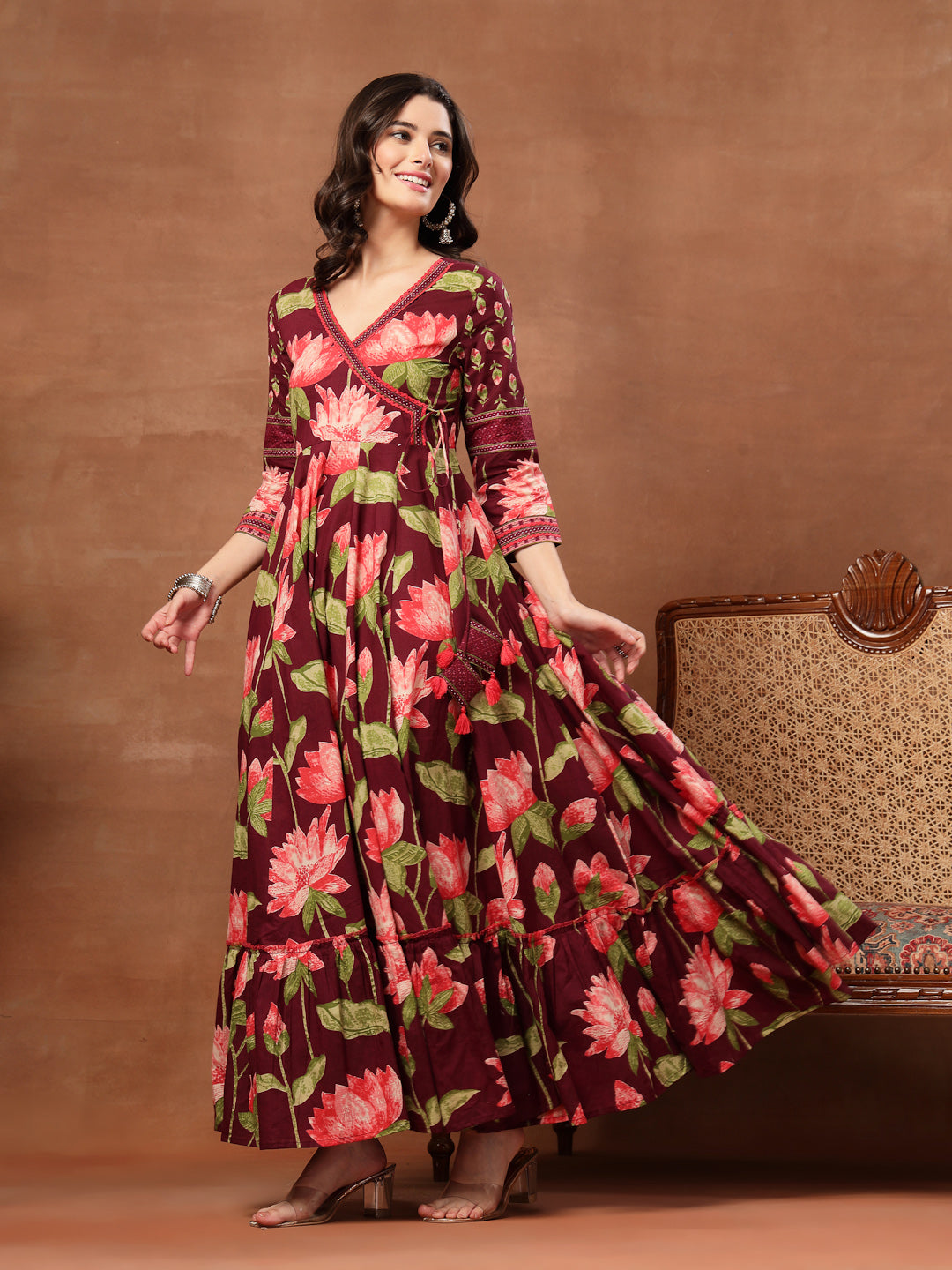 Flared Printed Cotton V-Neck Dress