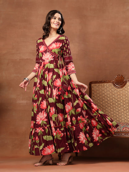 Flared Printed Cotton V-Neck Dress