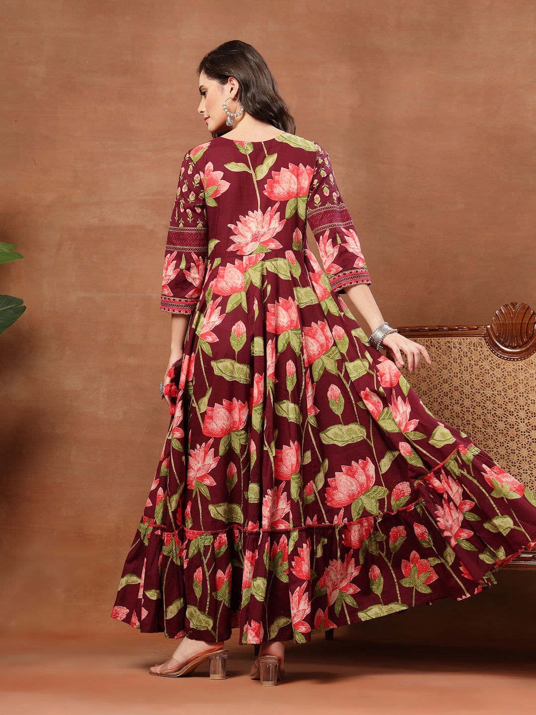 Flared Printed Cotton V-Neck Dress