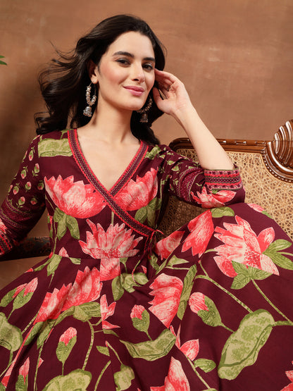 Flared Printed Cotton V-Neck Dress