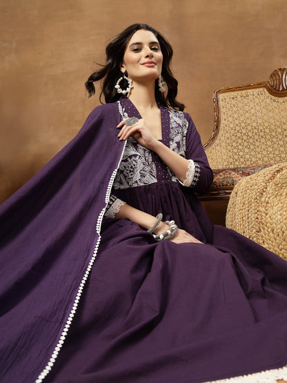 Flared Solid Cotton V-Neck Kurta Set With Dupatta