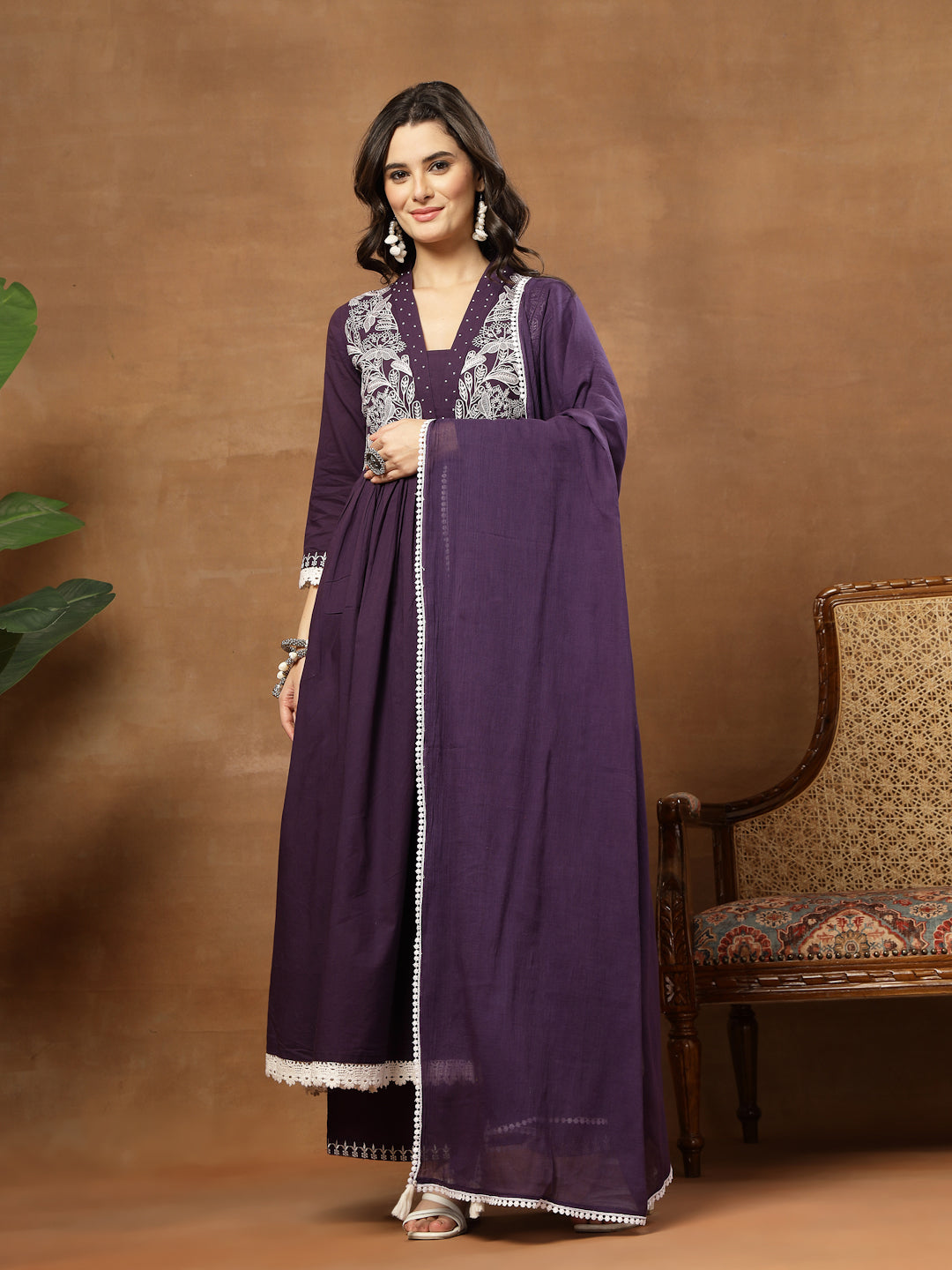Flared Solid Cotton V-Neck Kurta Set With Dupatta