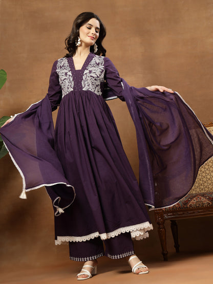 Flared Solid Cotton V-Neck Kurta Set With Dupatta