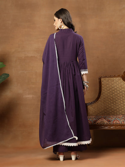 Flared Solid Cotton V-Neck Kurta Set With Dupatta