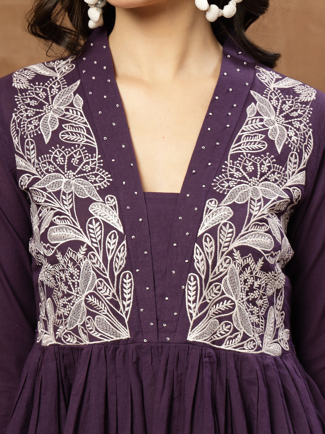 Flared Solid Cotton V-Neck Kurta Set With Dupatta