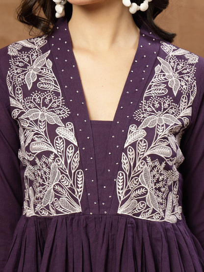 Flared Solid Cotton V-Neck Kurta Set With Dupatta