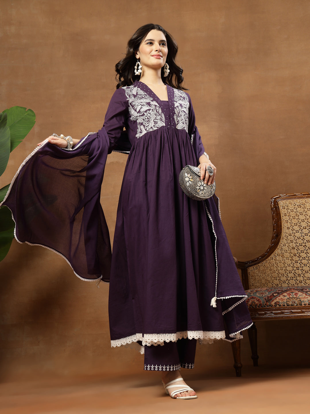 Flared Solid Cotton V-Neck Kurta Set With Dupatta