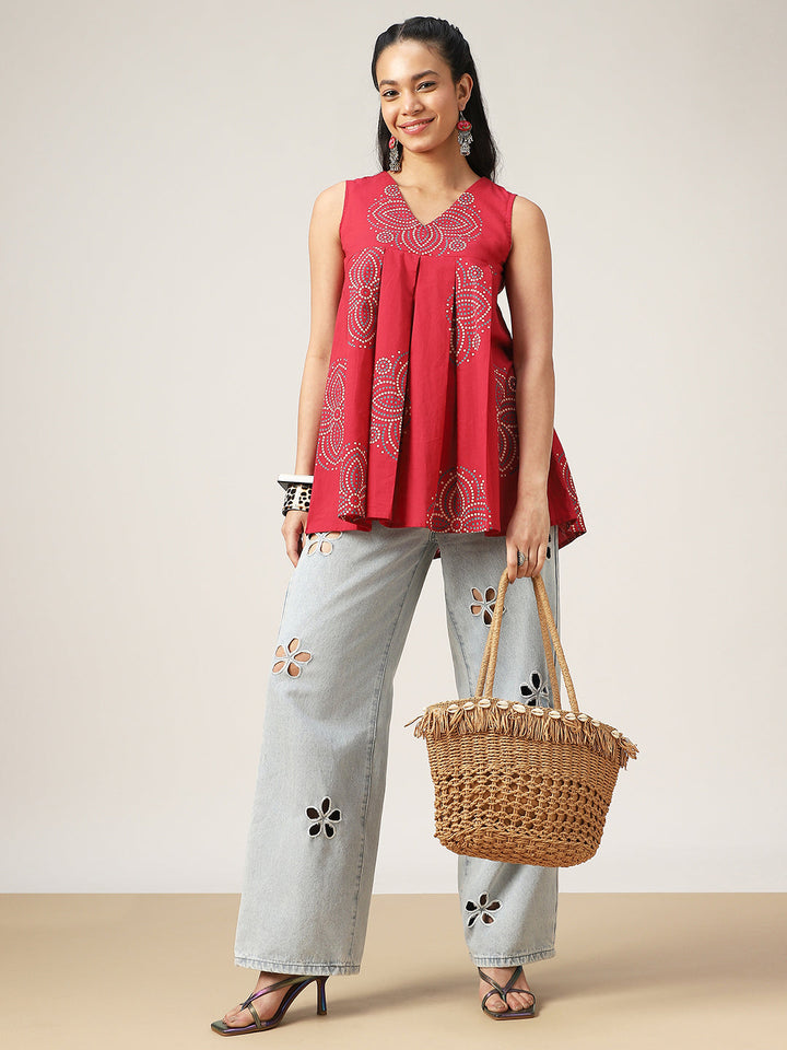 Flared Printed Cotton V-Neck Top