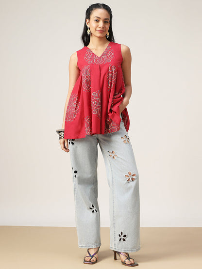 Flared Printed Cotton V-Neck Top