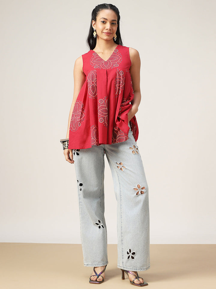 Flared Printed Cotton V-Neck Top