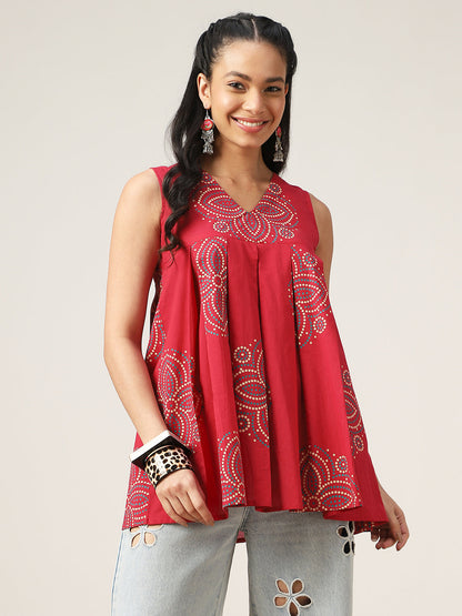 Flared Printed Cotton V-Neck Top