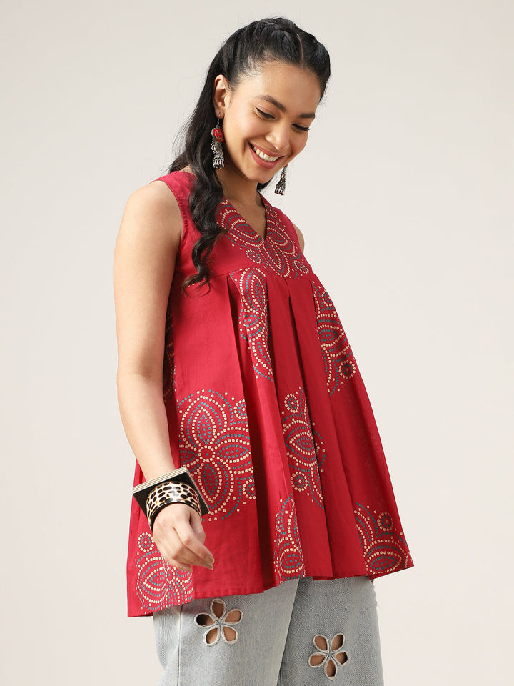 Flared Printed Cotton V-Neck Top