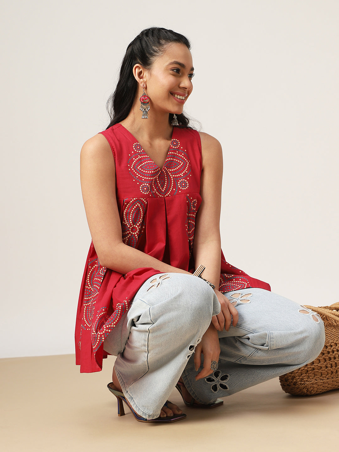 Flared Printed Cotton V-Neck Top