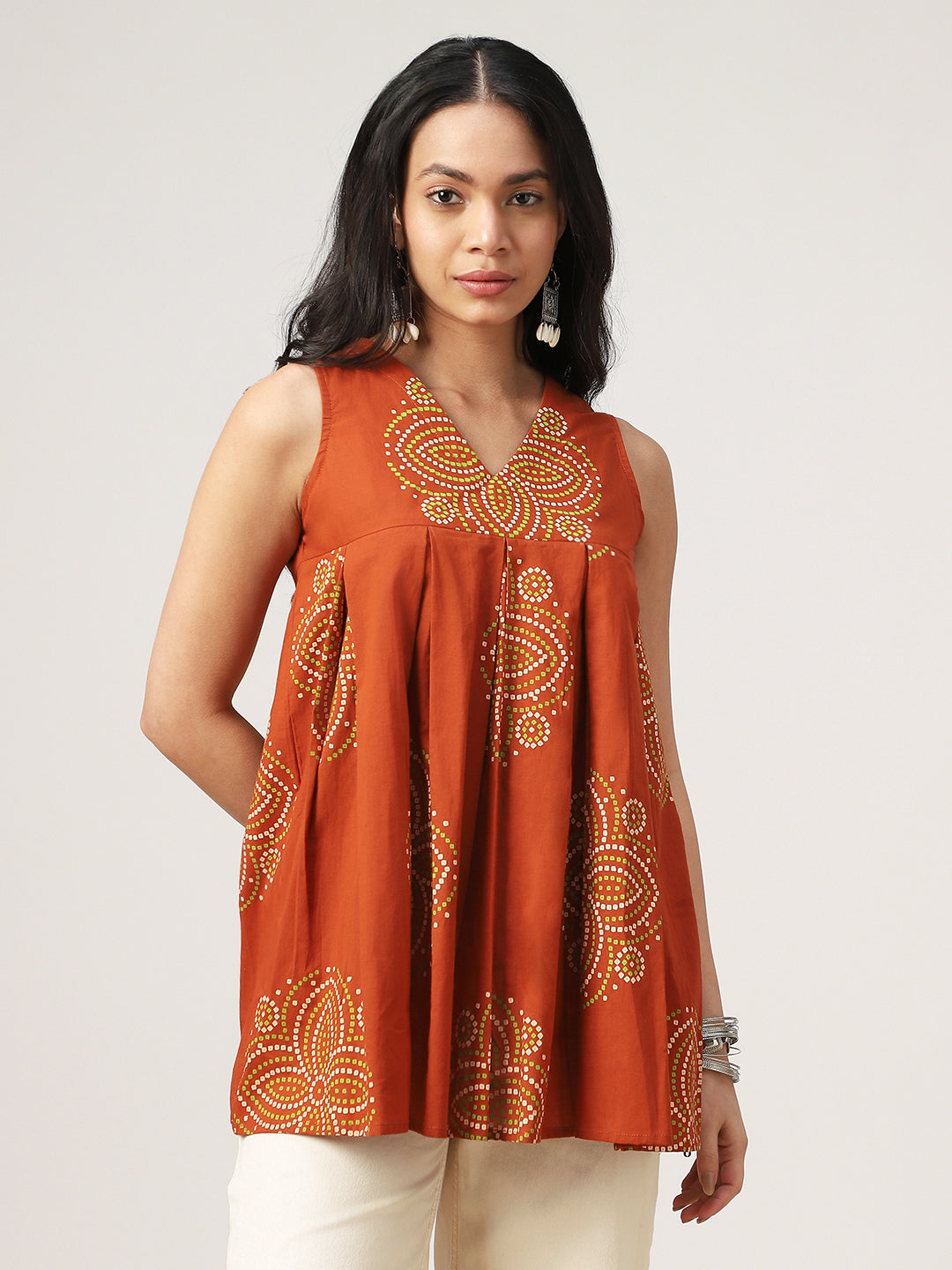Flared Printed Cotton V-Neck Top