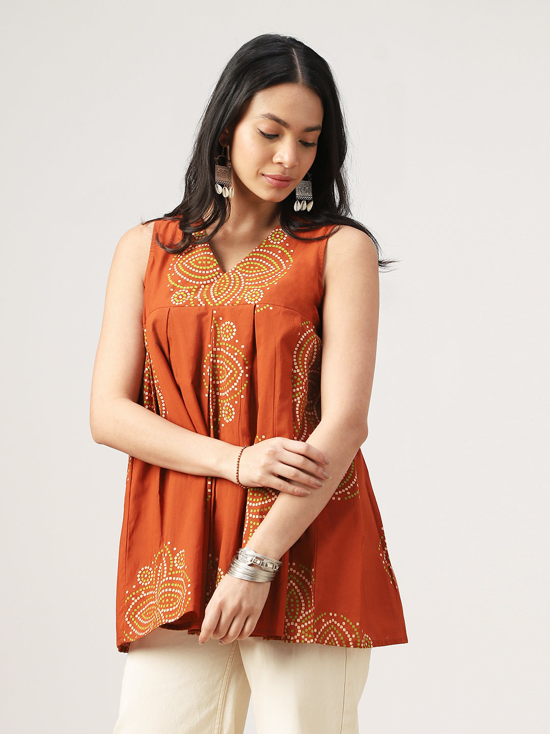 Flared Printed Cotton V-Neck Top