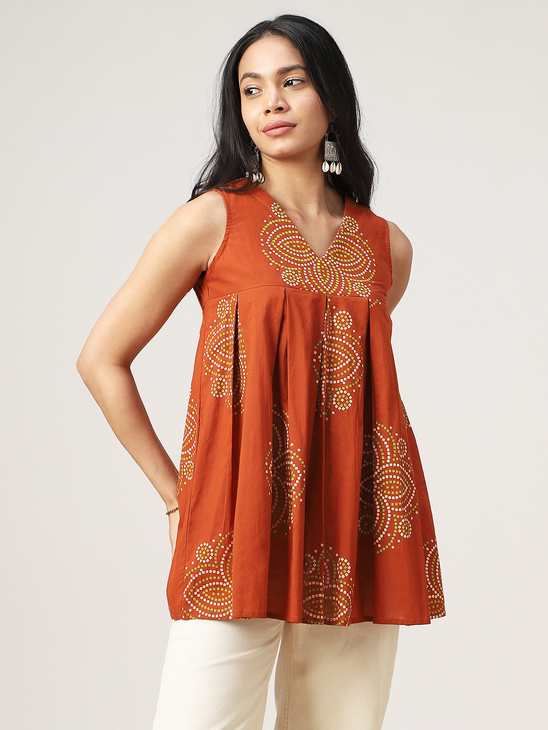 Flared Printed Cotton V-Neck Top