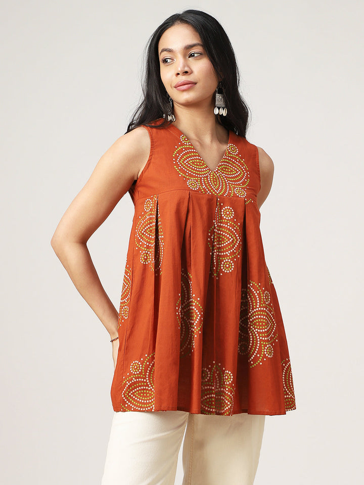 Flared Printed Cotton V-Neck Top