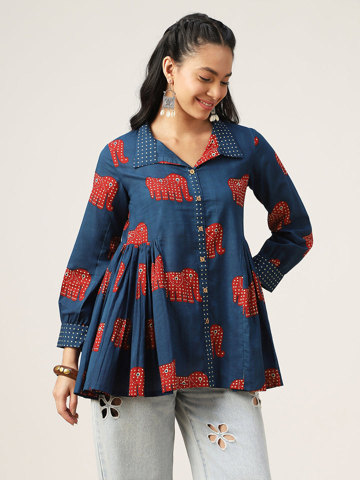 Flared Printed Cotton Shirt Collar Top