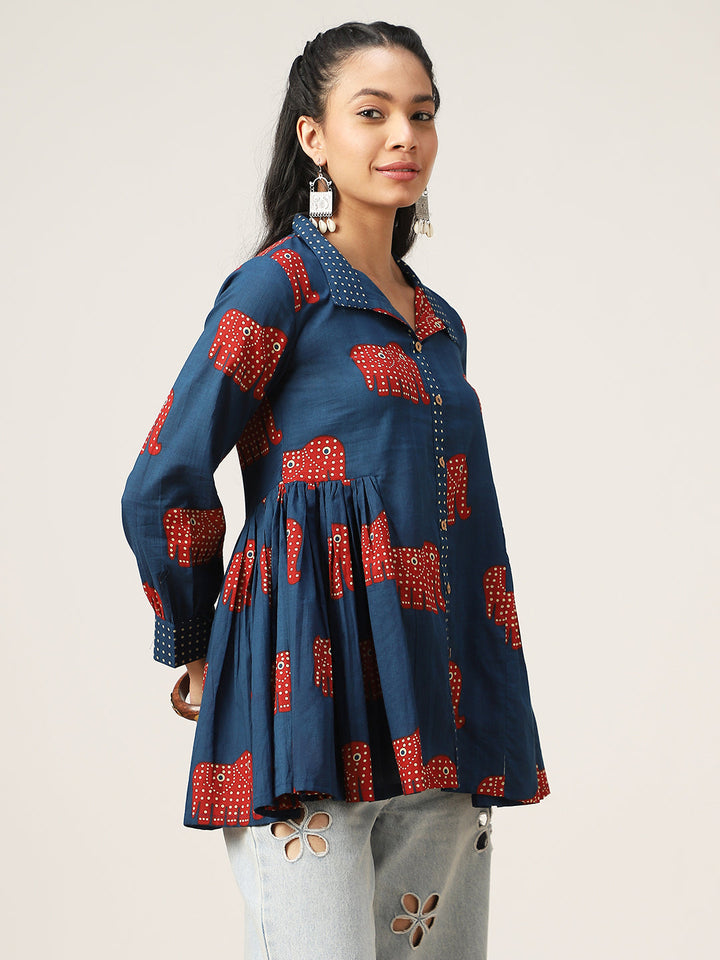 Flared Printed Cotton Shirt Collar Top