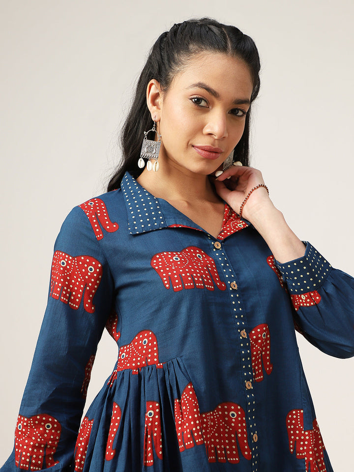 Flared Printed Cotton Shirt Collar Top
