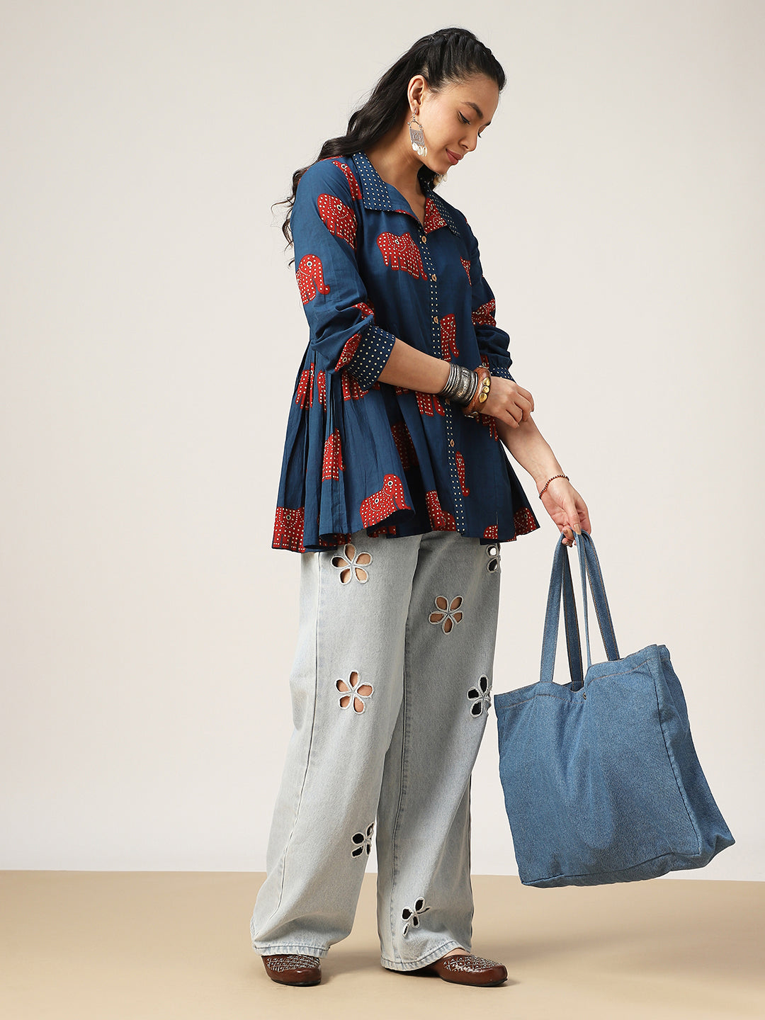 Flared Printed Cotton Shirt Collar Top