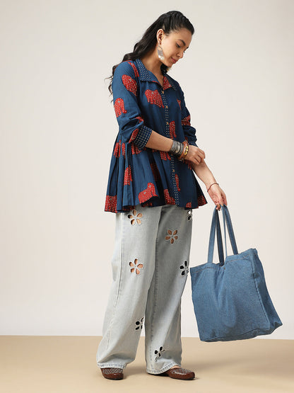 Flared Printed Cotton Shirt Collar Top