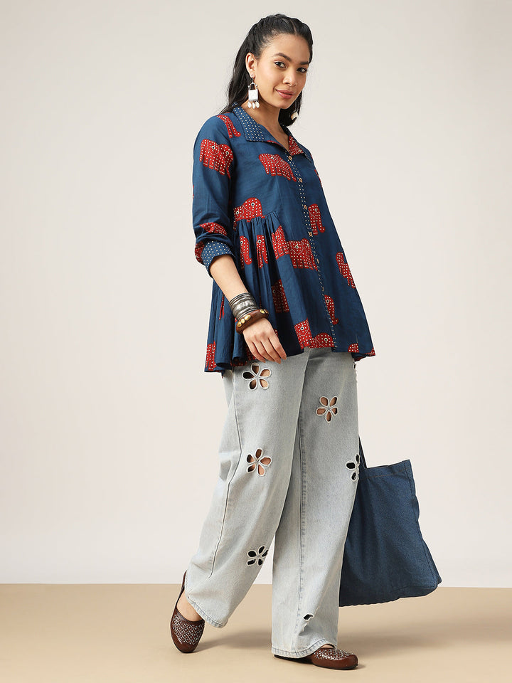 Flared Printed Cotton Shirt Collar Top