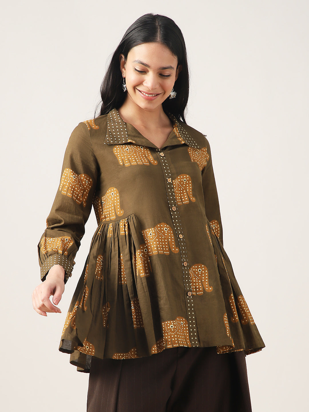Flared Printed Cotton Shirt Collar Top