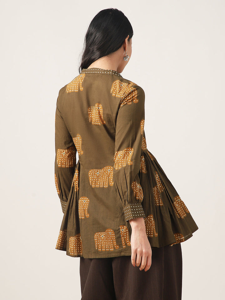 Flared Printed Cotton Shirt Collar Top
