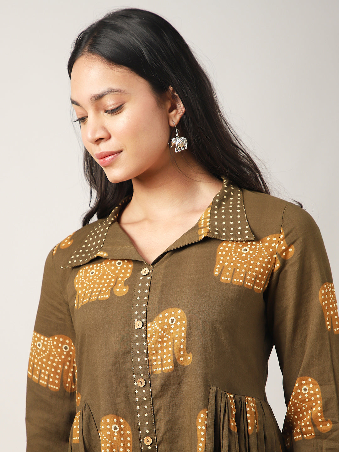 Flared Printed Cotton Shirt Collar Top