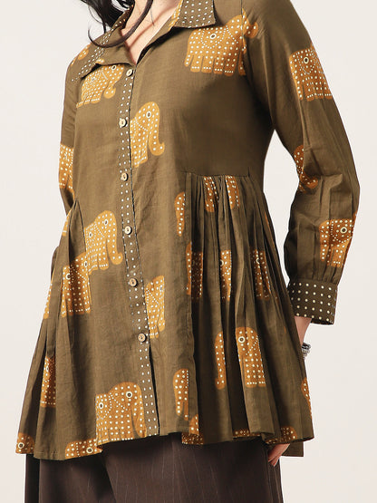 Flared Printed Cotton Shirt Collar Top