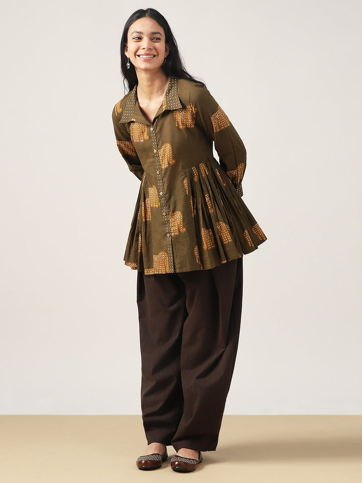 Flared Printed Cotton Shirt Collar Top