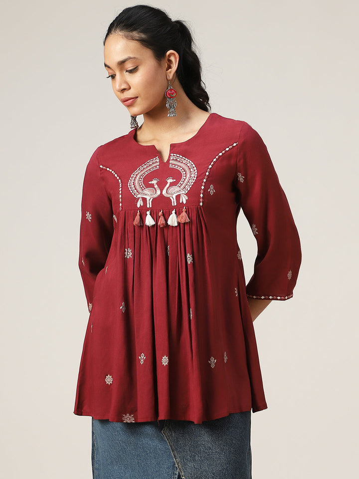 Flared Solid Rayon Round Neck Top