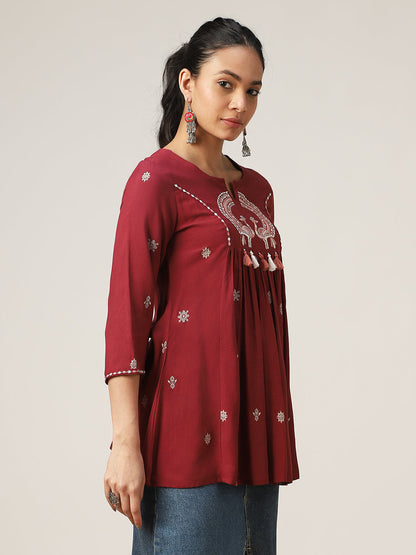 Flared Solid Rayon Round Neck Top