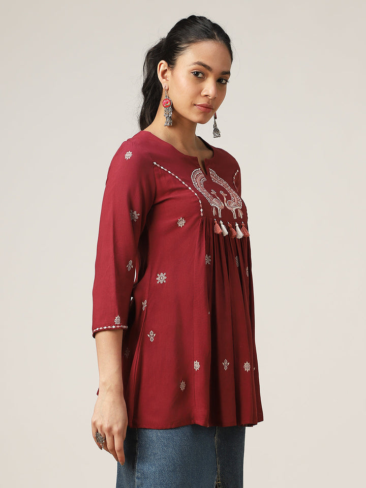 Flared Solid Rayon Round Neck Top