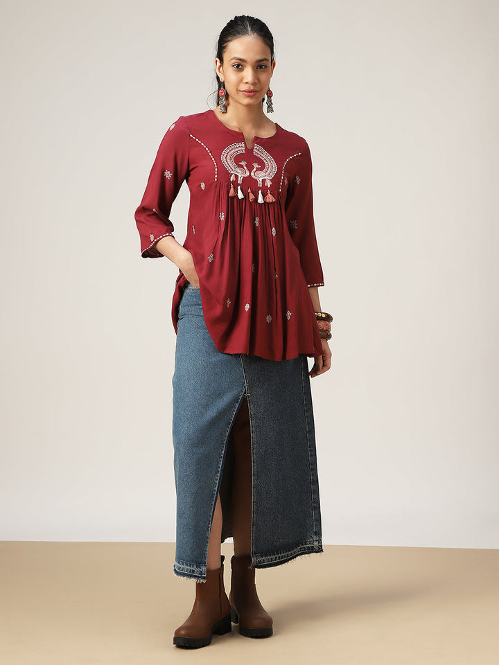Flared Solid Rayon Round Neck Top