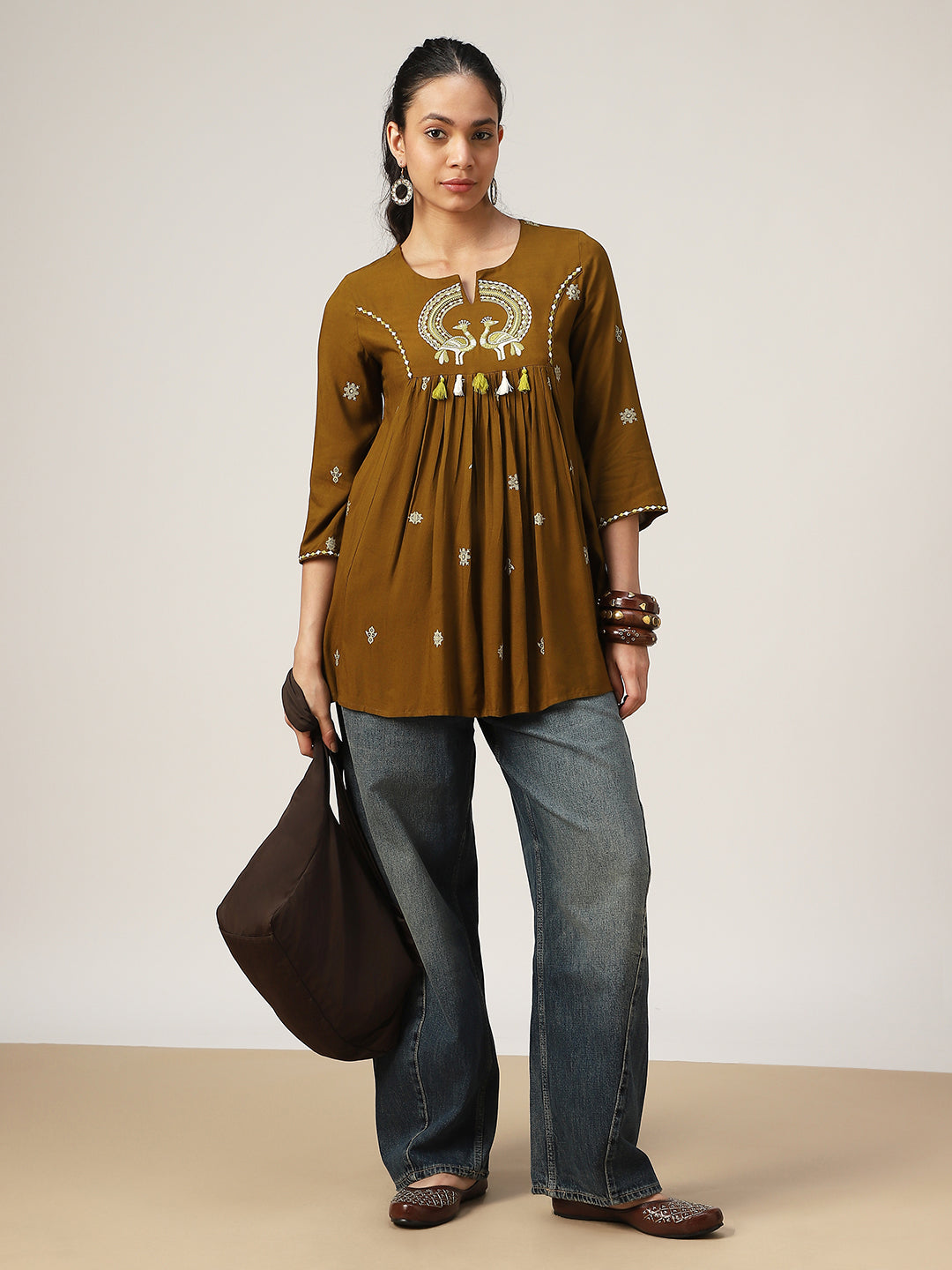 Flared Solid Rayon Round Neck Top