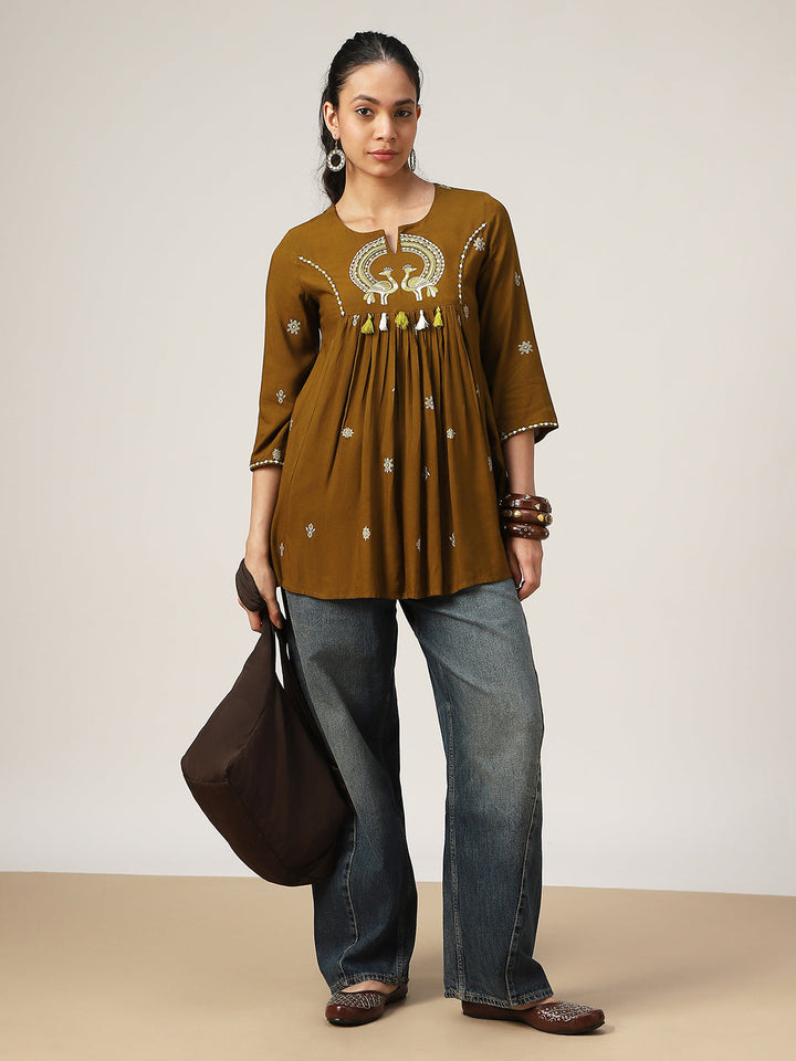 Flared Solid Rayon Round Neck Top