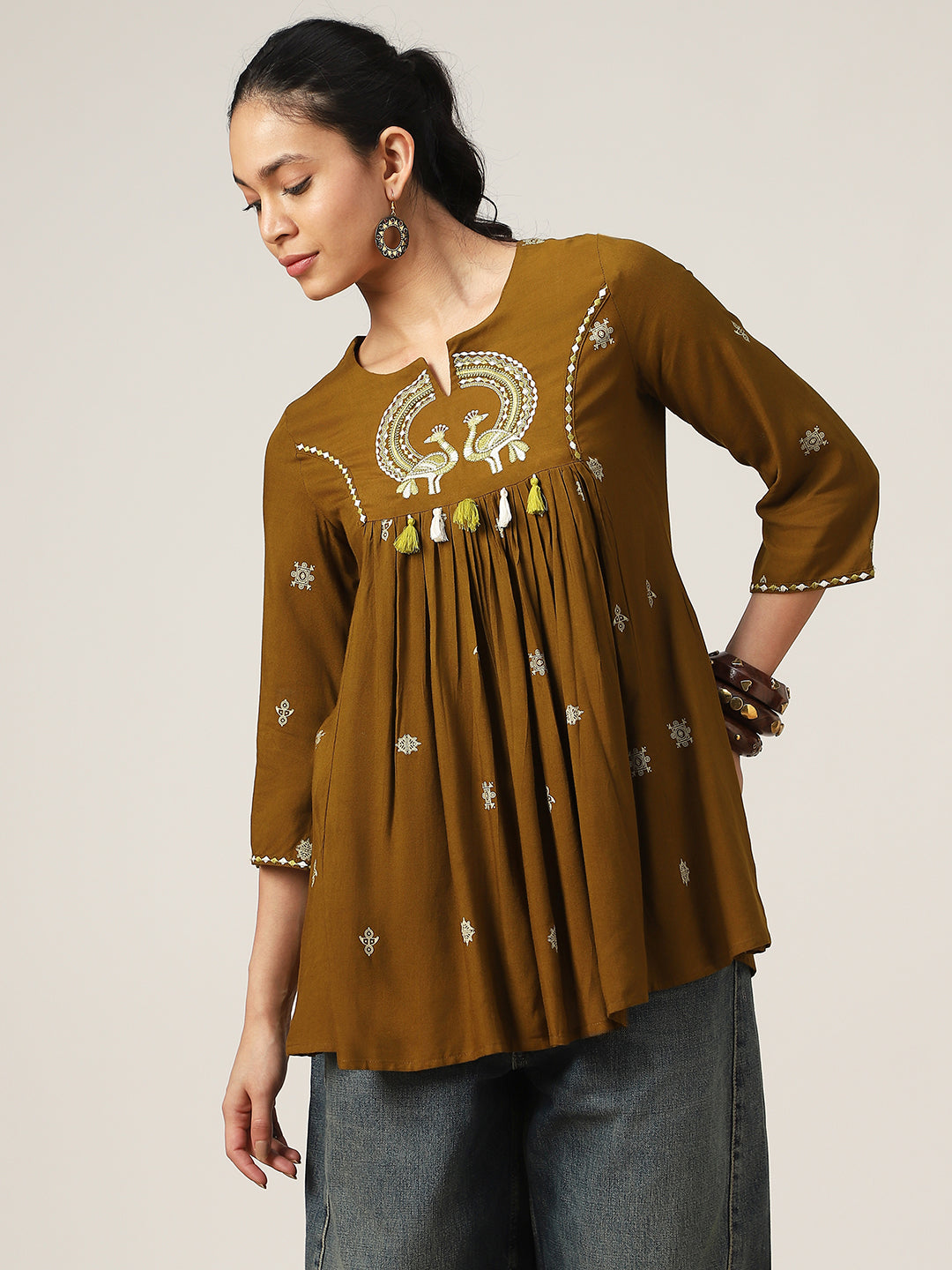 Flared Solid Rayon Round Neck Top