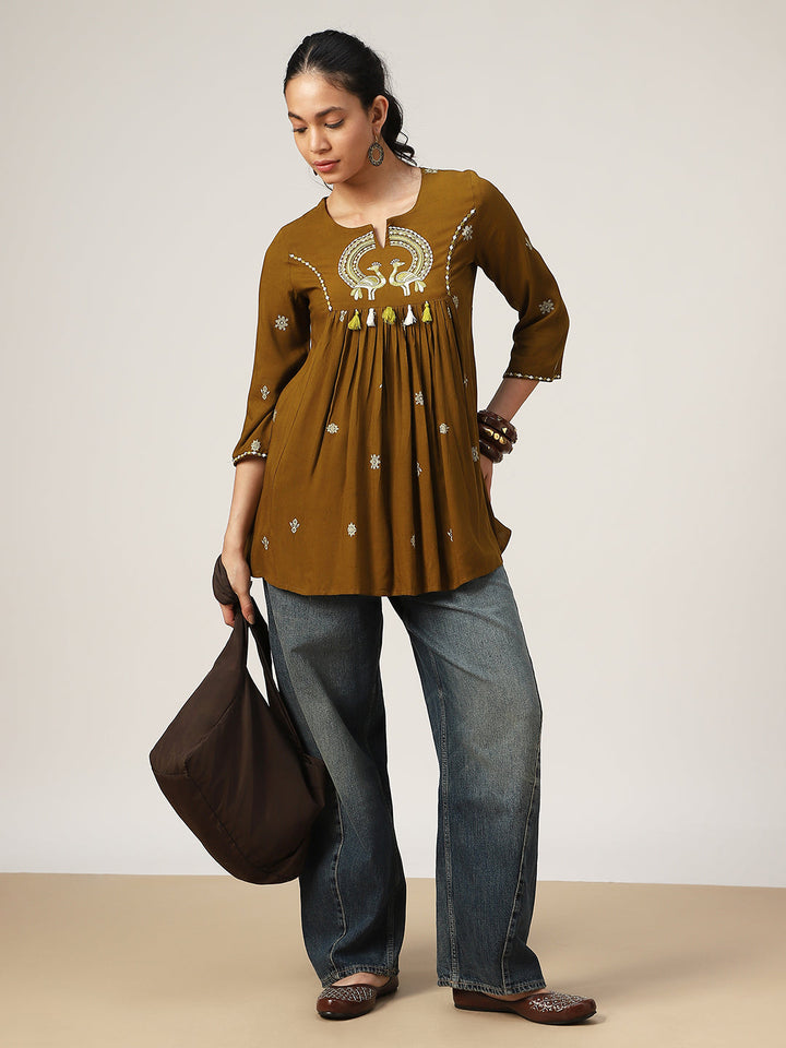 Flared Solid Rayon Round Neck Top