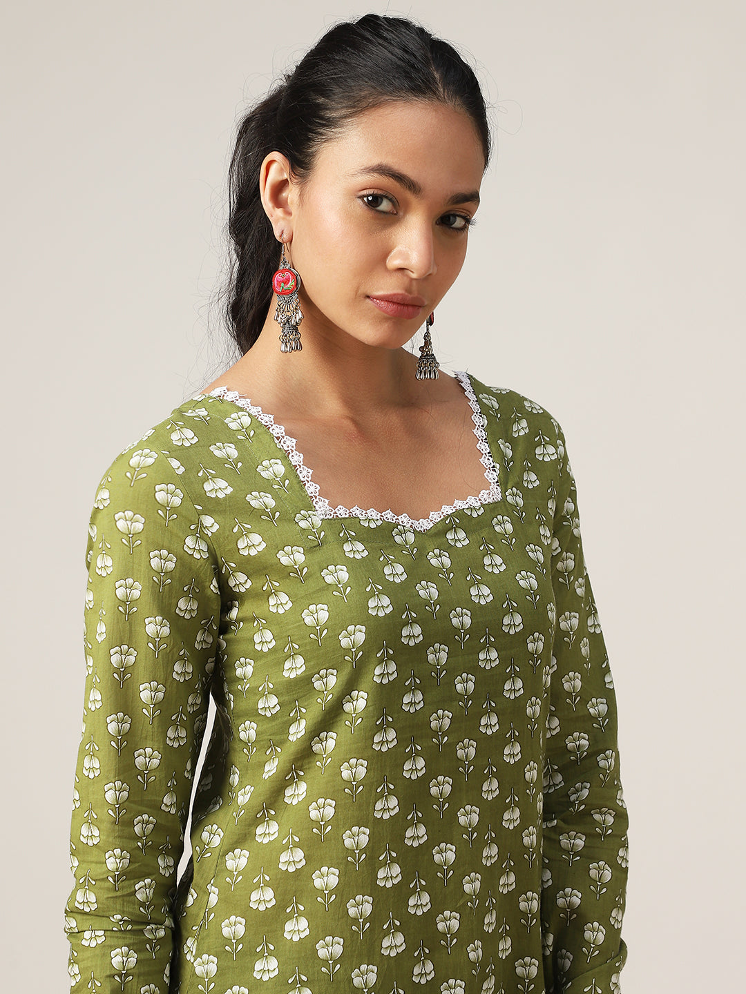 Straight Printed Cotton Sweet Heart Neck Top