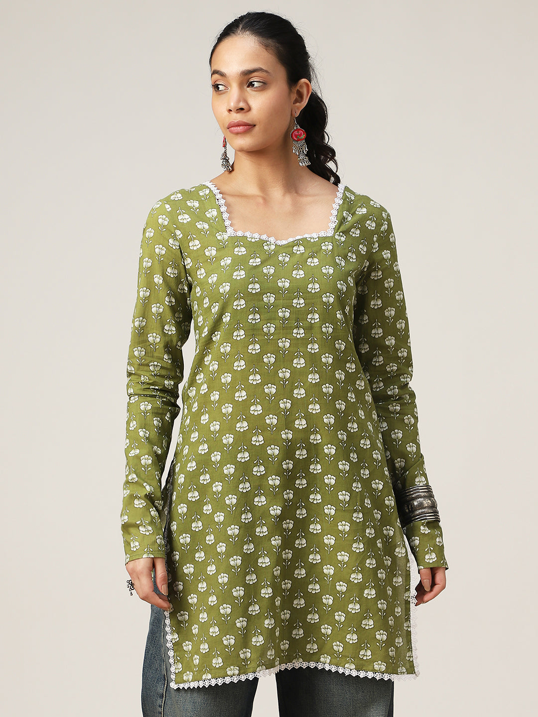 Straight Printed Cotton Sweet Heart Neck Top