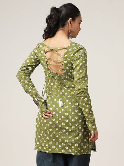 Straight Printed Cotton Sweet Heart Neck Top