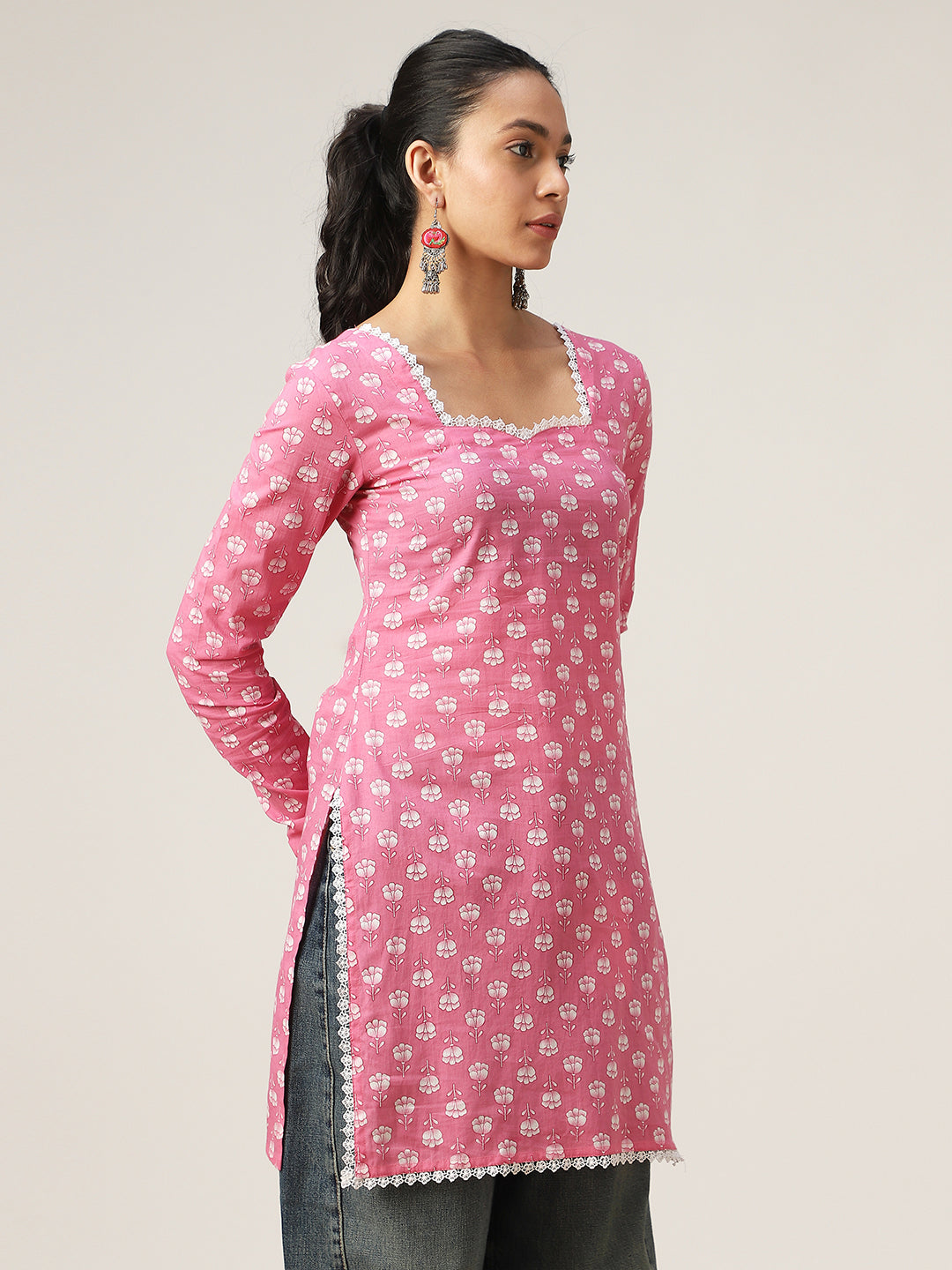 Straight Printed Cotton Sweet Heart Neck Top