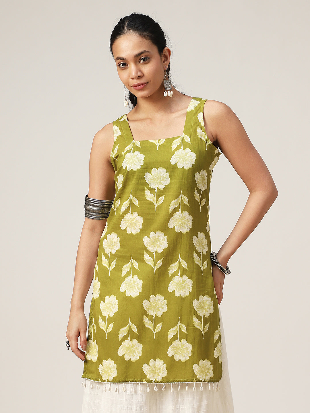 Straight Printed Cotton Square Neck Top