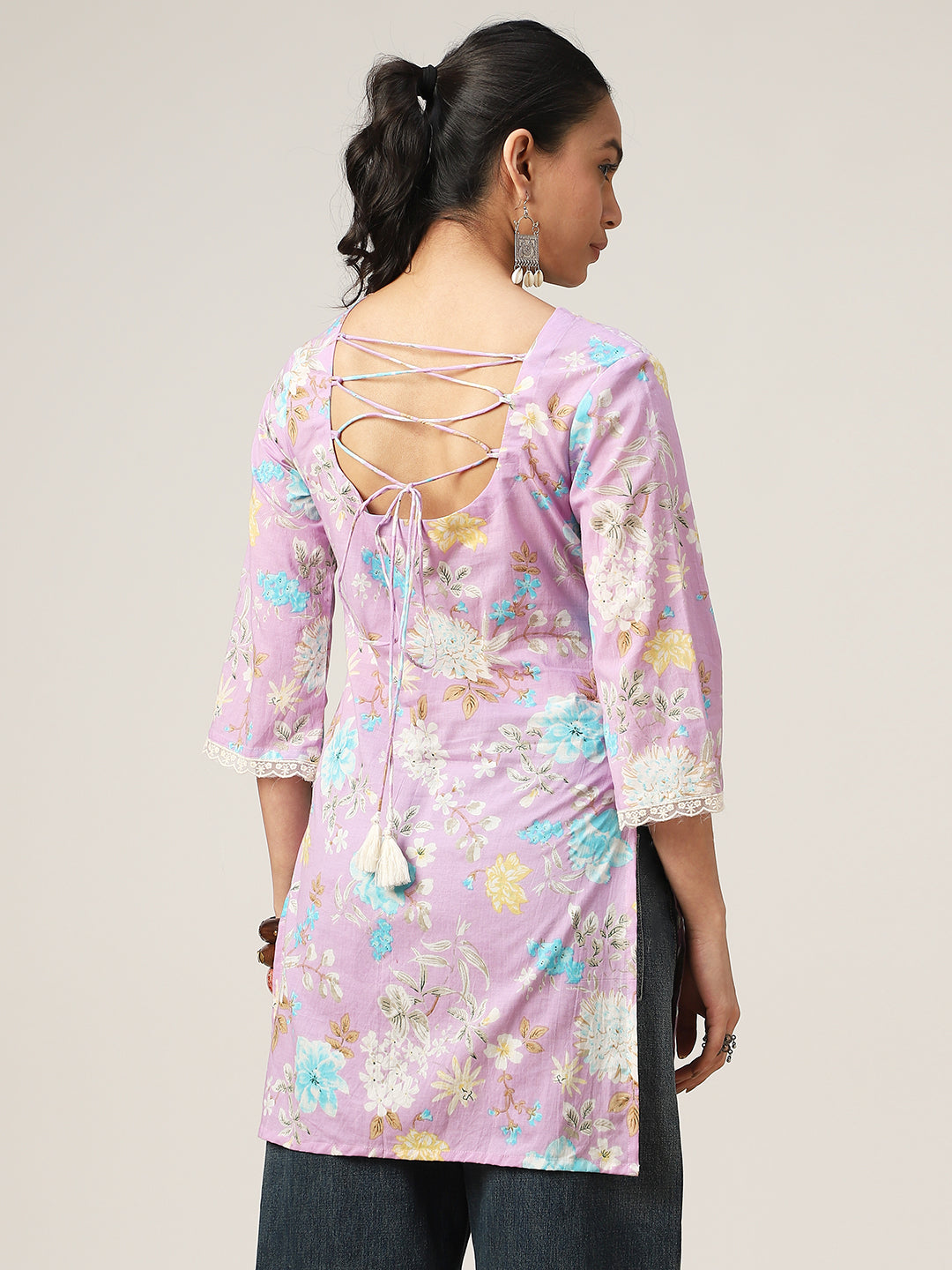 Straight Printed Cotton V-Neck Top