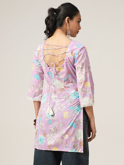 Straight Printed Cotton V-Neck Top
