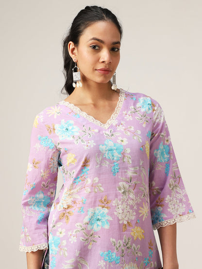 Straight Printed Cotton V-Neck Top