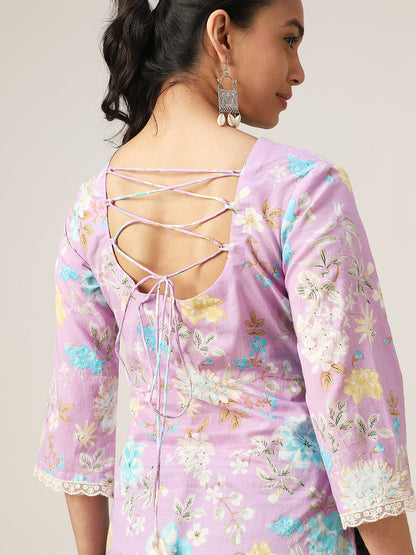 Straight Printed Cotton V-Neck Top